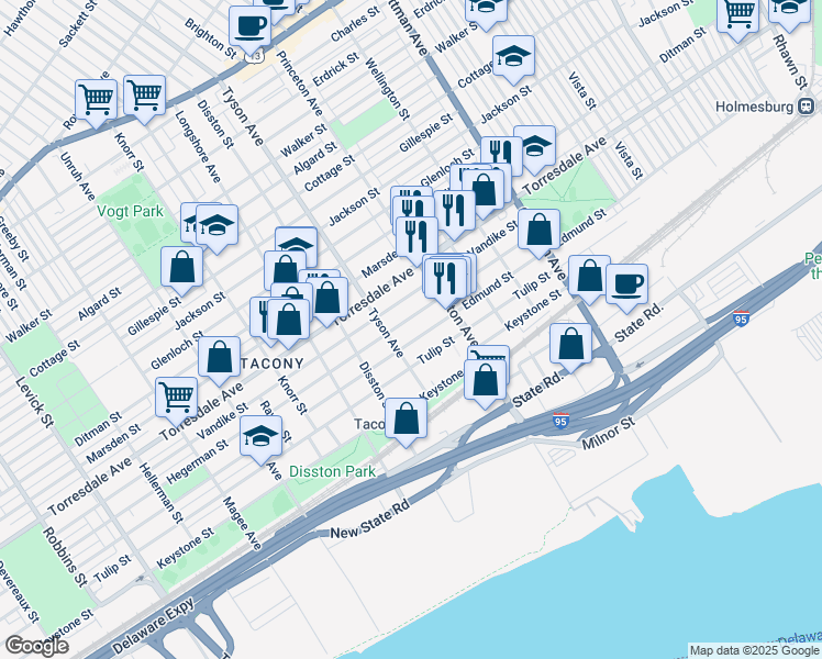 map of restaurants, bars, coffee shops, grocery stores, and more near 7017 Hegerman Street in Philadelphia