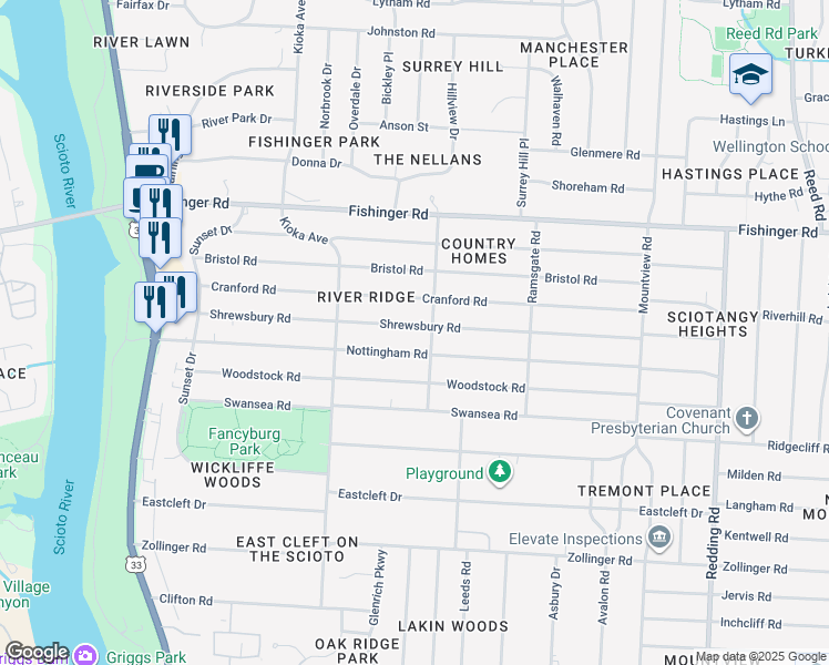 map of restaurants, bars, coffee shops, grocery stores, and more near 2451 Shrewsbury Road in Columbus