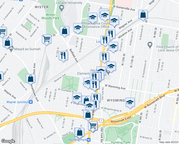 map of restaurants, bars, coffee shops, grocery stores, and more near 1500 West Loudon Street in Philadelphia