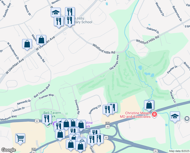 map of restaurants, bars, coffee shops, grocery stores, and more near 315 Old Kings Highway in Downingtown