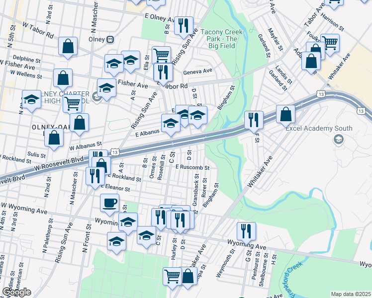 map of restaurants, bars, coffee shops, grocery stores, and more near 422 East Roosevelt Boulevard in Philadelphia