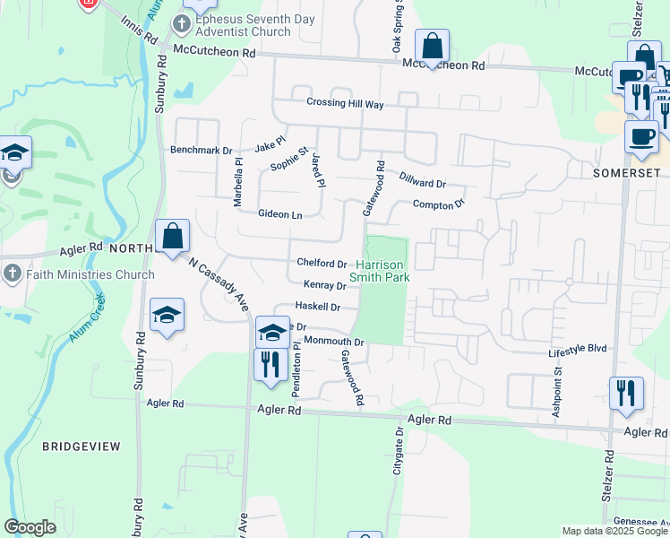 map of restaurants, bars, coffee shops, grocery stores, and more near 3233 Chelford Drive in Columbus