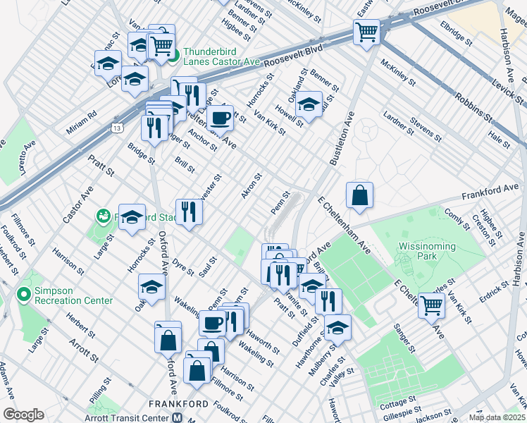 map of restaurants, bars, coffee shops, grocery stores, and more near 1377 Kennedy Street in Philadelphia
