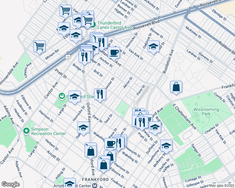map of restaurants, bars, coffee shops, grocery stores, and more near 5260 Akron Street in Philadelphia