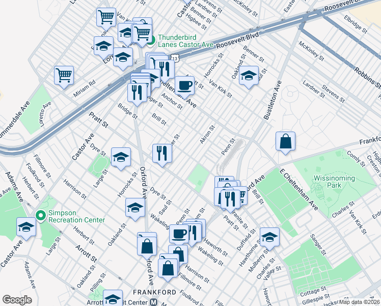 map of restaurants, bars, coffee shops, grocery stores, and more near 5260 Akron Street in Philadelphia