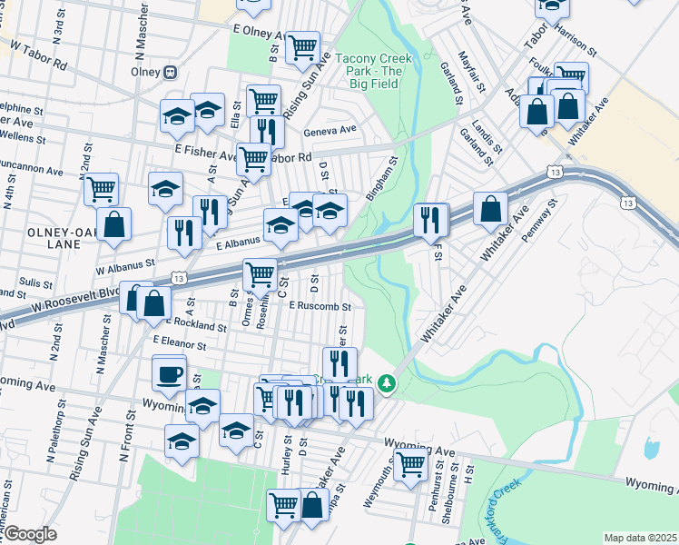 map of restaurants, bars, coffee shops, grocery stores, and more near 5044 Rorer Street in Philadelphia