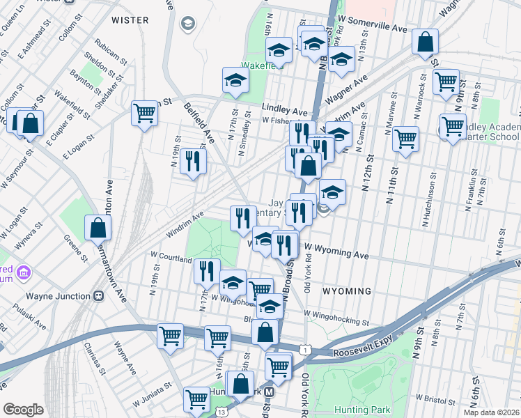 map of restaurants, bars, coffee shops, grocery stores, and more near 1533 Belfield Avenue in Philadelphia