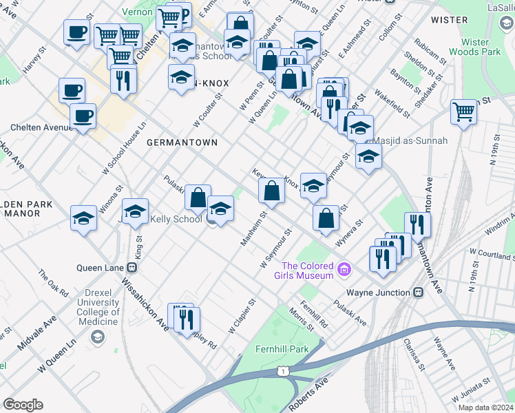 map of restaurants, bars, coffee shops, grocery stores, and more near 5102 Wayne Avenue in Philadelphia