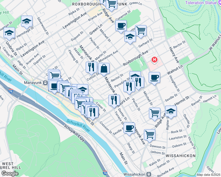 map of restaurants, bars, coffee shops, grocery stores, and more near 239 Pensdale Street in Philadelphia