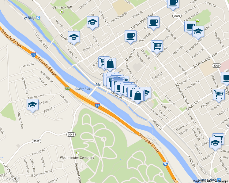map of restaurants, bars, coffee shops, grocery stores, and more near 4400b Main Street in Philadelphia