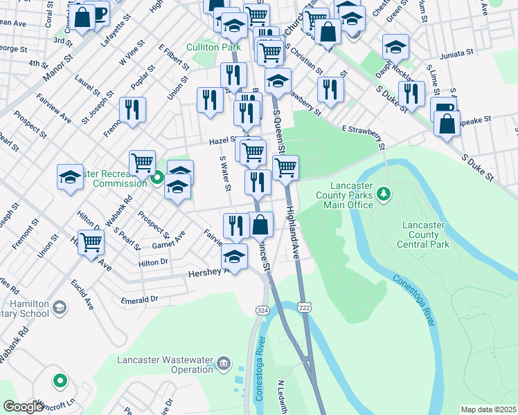 map of restaurants, bars, coffee shops, grocery stores, and more near 711 South Prince Street in Lancaster