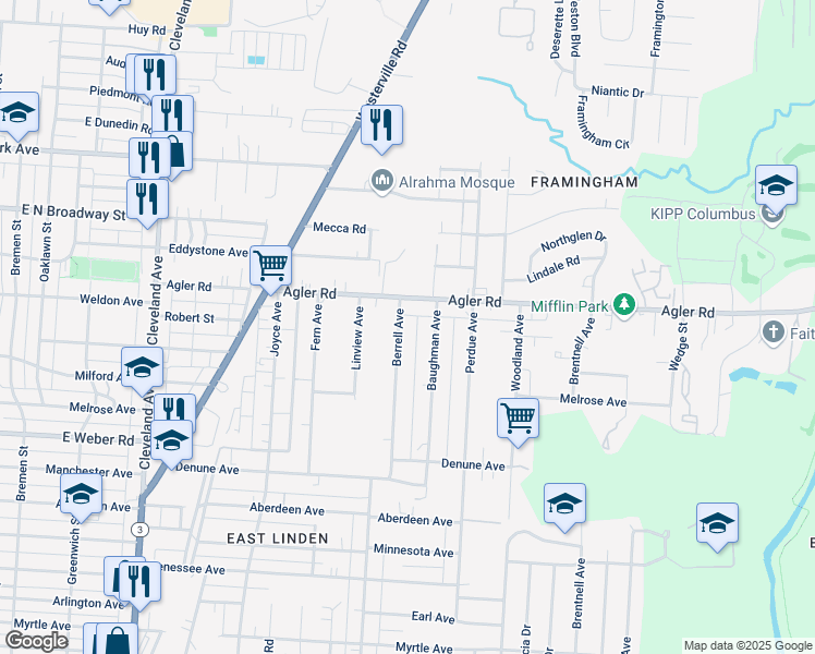 map of restaurants, bars, coffee shops, grocery stores, and more near 2820 Berrell Avenue in Columbus