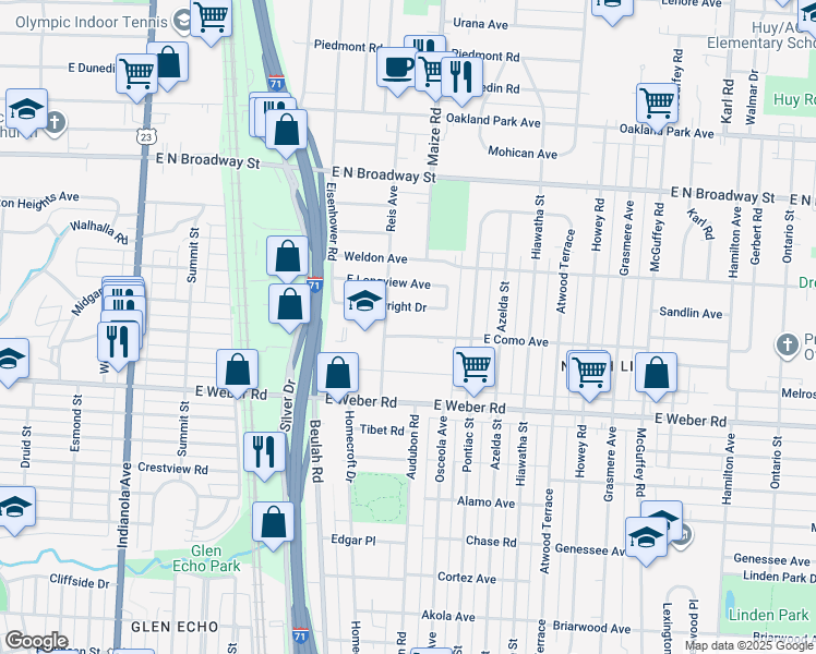 map of restaurants, bars, coffee shops, grocery stores, and more near 840 East Como Avenue in Columbus