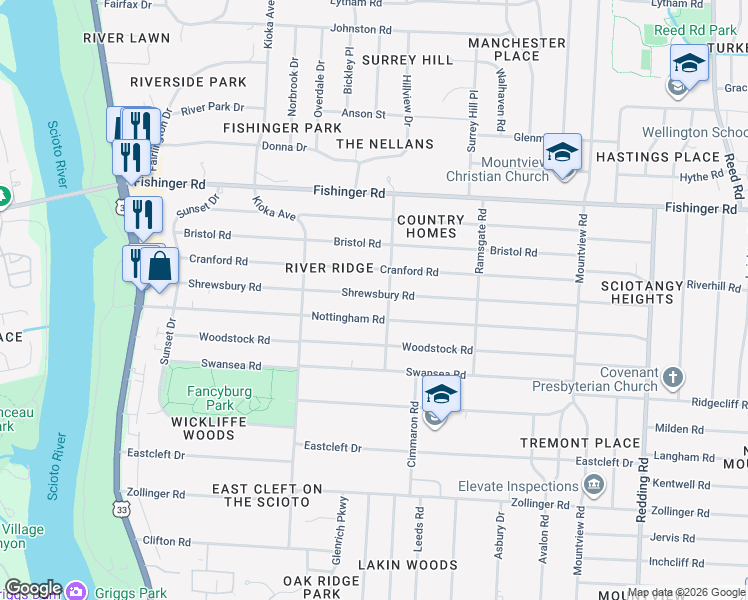 map of restaurants, bars, coffee shops, grocery stores, and more near 2451 Shrewsbury Road in Columbus