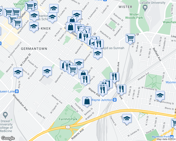 map of restaurants, bars, coffee shops, grocery stores, and more near 127 West Logan Street in Philadelphia