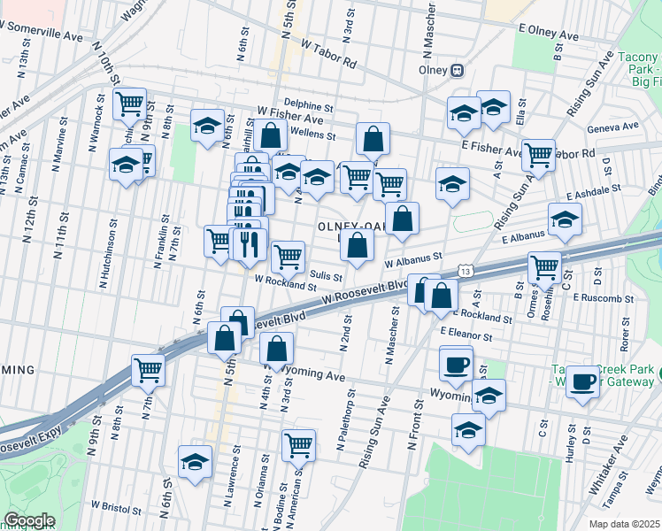 map of restaurants, bars, coffee shops, grocery stores, and more near 111 West Albanus Street in Philadelphia