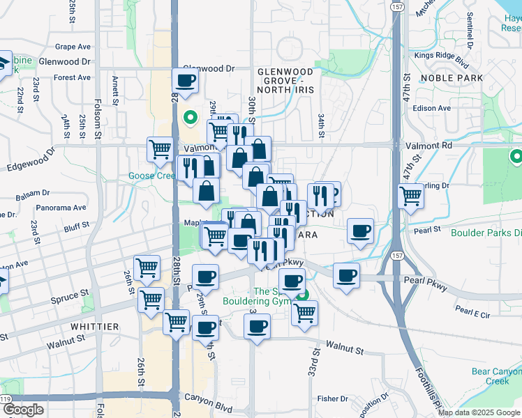 map of restaurants, bars, coffee shops, grocery stores, and more near in Boulder