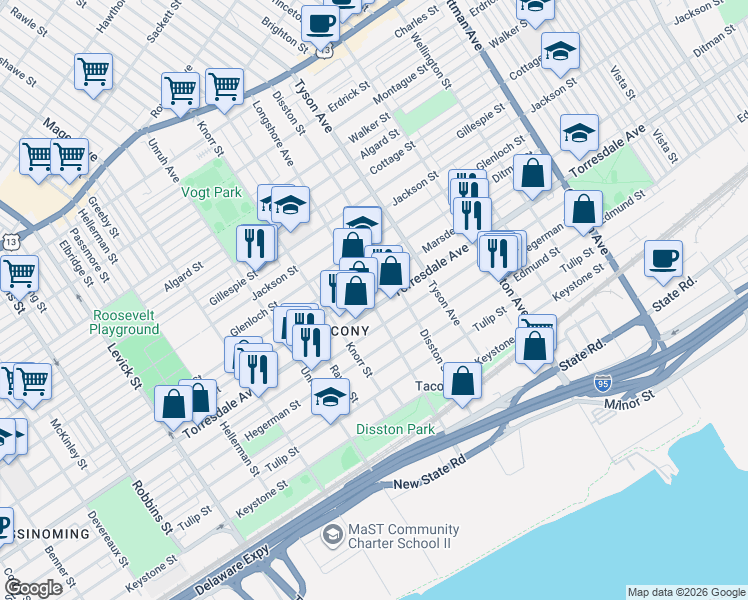 map of restaurants, bars, coffee shops, grocery stores, and more near 6900-2 Torresdale Avenue in Philadelphia