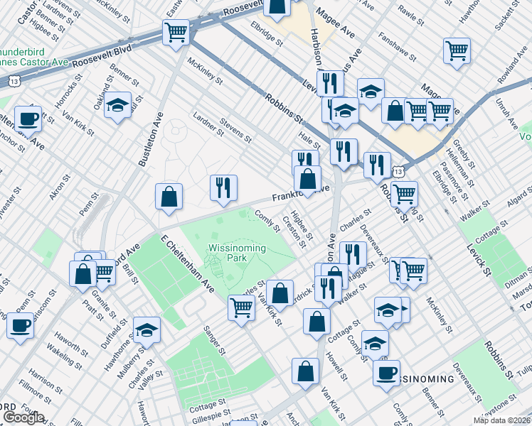 map of restaurants, bars, coffee shops, grocery stores, and more near 4013 Comly Street in Philadelphia