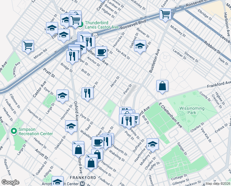 map of restaurants, bars, coffee shops, grocery stores, and more near 5319 Saul Street in Philadelphia