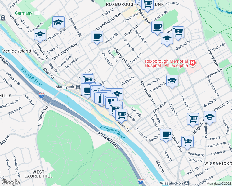 map of restaurants, bars, coffee shops, grocery stores, and more near 152 Roxborough Avenue in Philadelphia