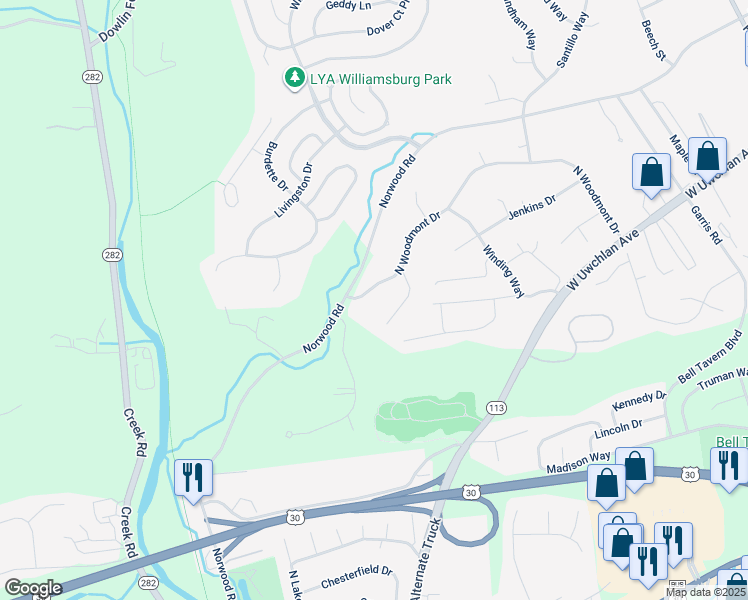 map of restaurants, bars, coffee shops, grocery stores, and more near 348 North Woodmont Drive in Downingtown