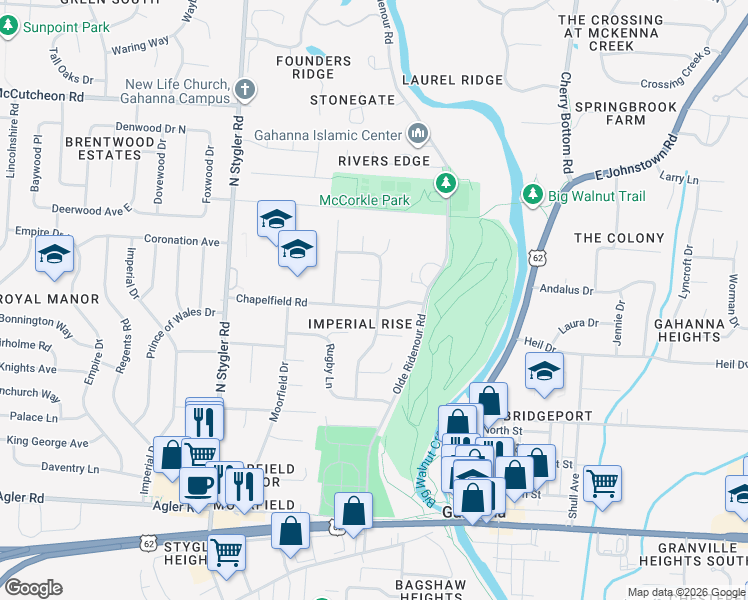 map of restaurants, bars, coffee shops, grocery stores, and more near 190 Chapelfield Road in Columbus