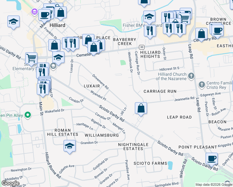 map of restaurants, bars, coffee shops, grocery stores, and more near 5036 Drivemere Road in Hilliard