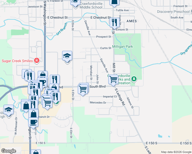 map of restaurants, bars, coffee shops, grocery stores, and more near 601 Robinson Street in Crawfordsville