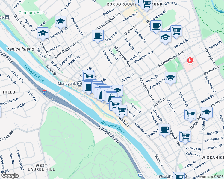 map of restaurants, bars, coffee shops, grocery stores, and more near 163 Cotton Street in Philadelphia