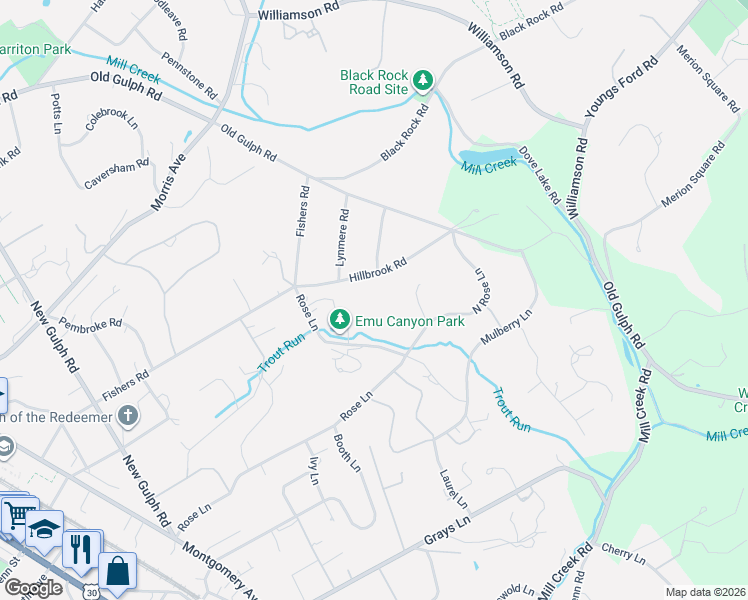 map of restaurants, bars, coffee shops, grocery stores, and more near 502 Hillbrook Road in Bryn Mawr