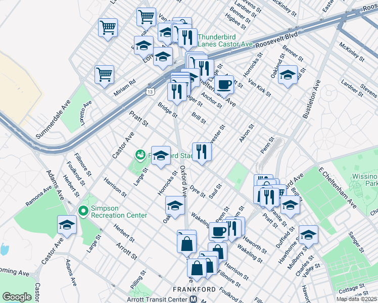 map of restaurants, bars, coffee shops, grocery stores, and more near 1201 Pratt Street in Philadelphia