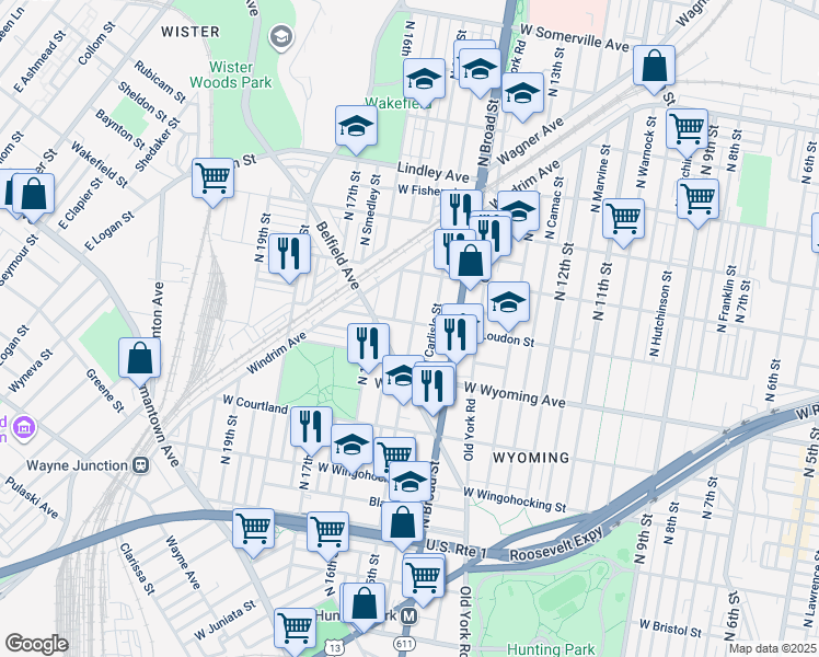map of restaurants, bars, coffee shops, grocery stores, and more near 1500 West Loudon Street in Philadelphia