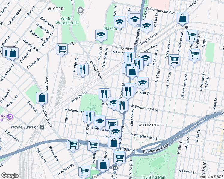 map of restaurants, bars, coffee shops, grocery stores, and more near 1516 West Loudon Street in Philadelphia