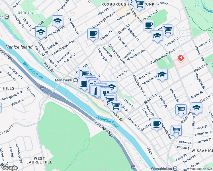 map of restaurants, bars, coffee shops, grocery stores, and more near 163 Cotton Street in Philadelphia