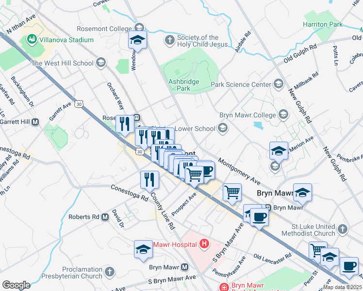 map of restaurants, bars, coffee shops, grocery stores, and more near 47 Franklin Avenue in Bryn Mawr