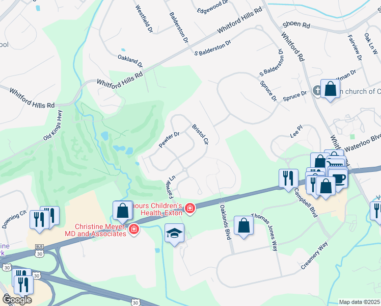 map of restaurants, bars, coffee shops, grocery stores, and more near 538 East Saxony Drive in Exton