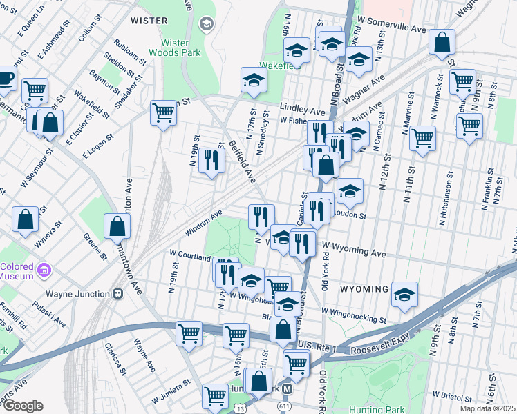 map of restaurants, bars, coffee shops, grocery stores, and more near 1607 W Mentor St in Philadelphia