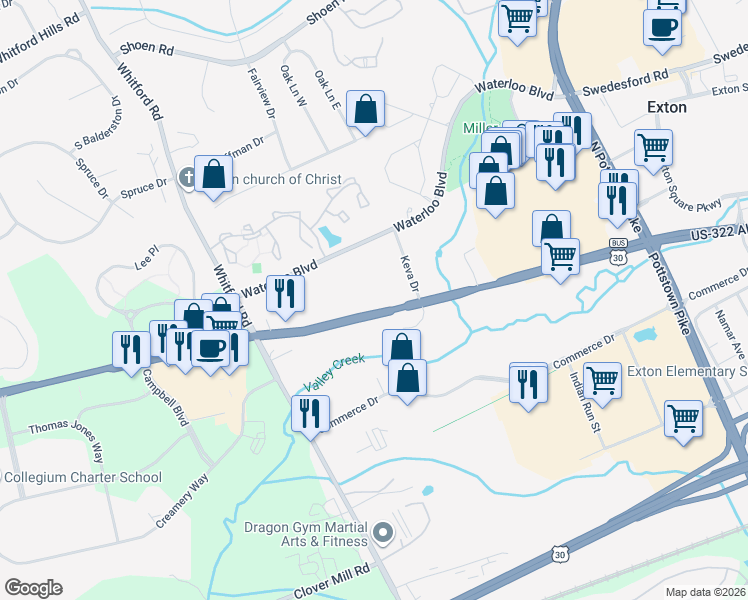 map of restaurants, bars, coffee shops, grocery stores, and more near 1-99 John Robert Thomas Drive in Exton