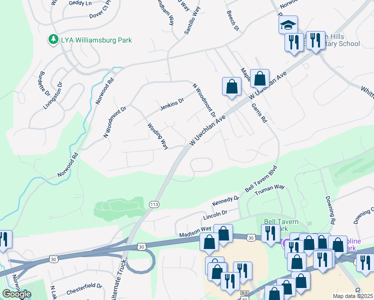 map of restaurants, bars, coffee shops, grocery stores, and more near 100 Winding Way in Downingtown