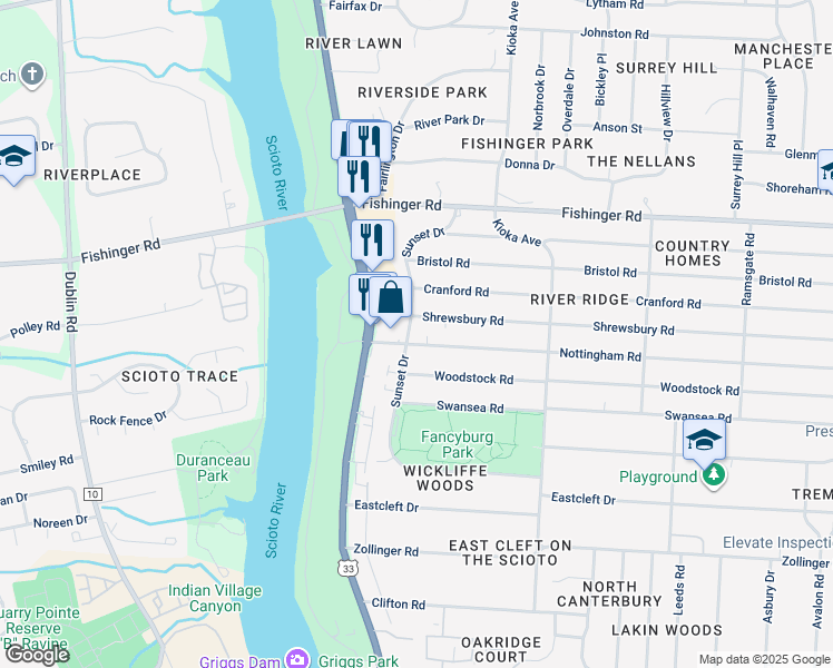 map of restaurants, bars, coffee shops, grocery stores, and more near 2800 Nottingham Road in Upper Arlington