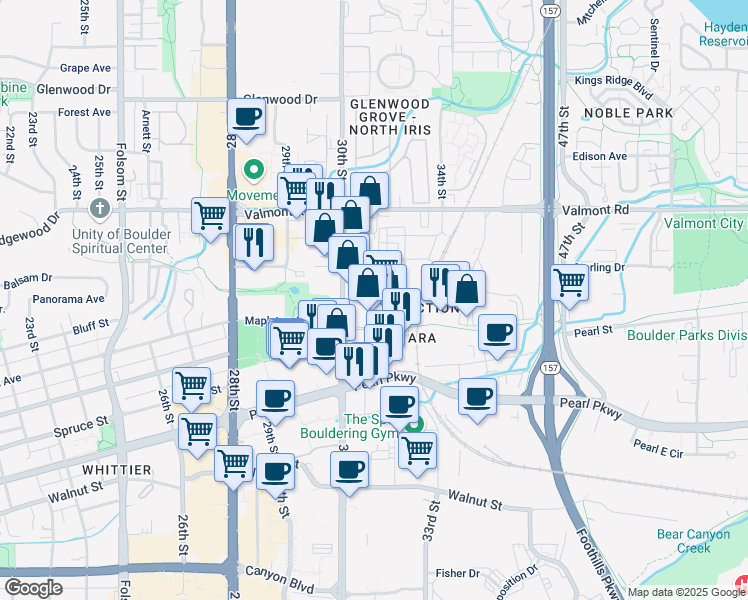 map of restaurants, bars, coffee shops, grocery stores, and more near 3200 Carbon Place in Boulder