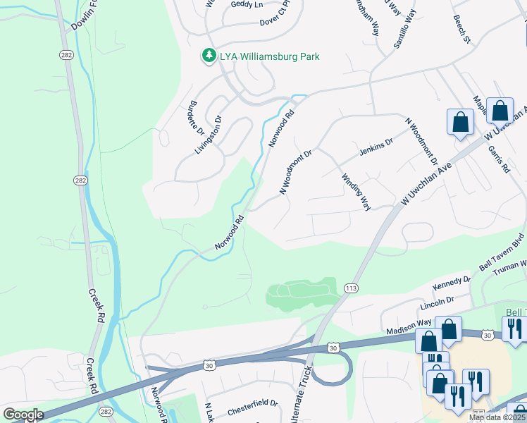map of restaurants, bars, coffee shops, grocery stores, and more near 348 North Woodmont Drive in Downingtown