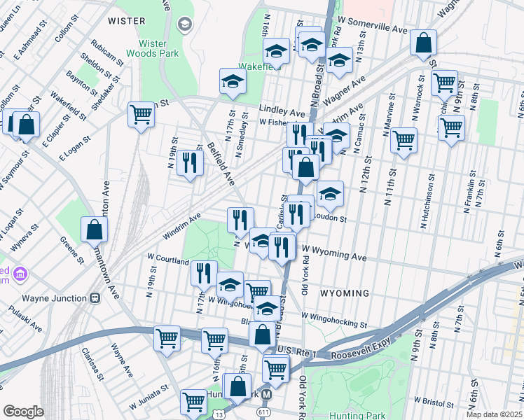 map of restaurants, bars, coffee shops, grocery stores, and more near 1510 West Loudon Street in Philadelphia