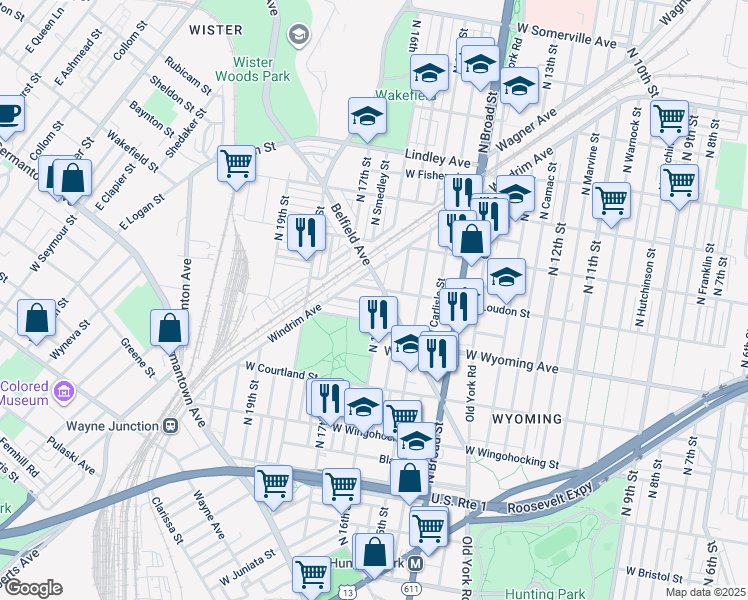 map of restaurants, bars, coffee shops, grocery stores, and more near 1607 W Mentor St in Philadelphia