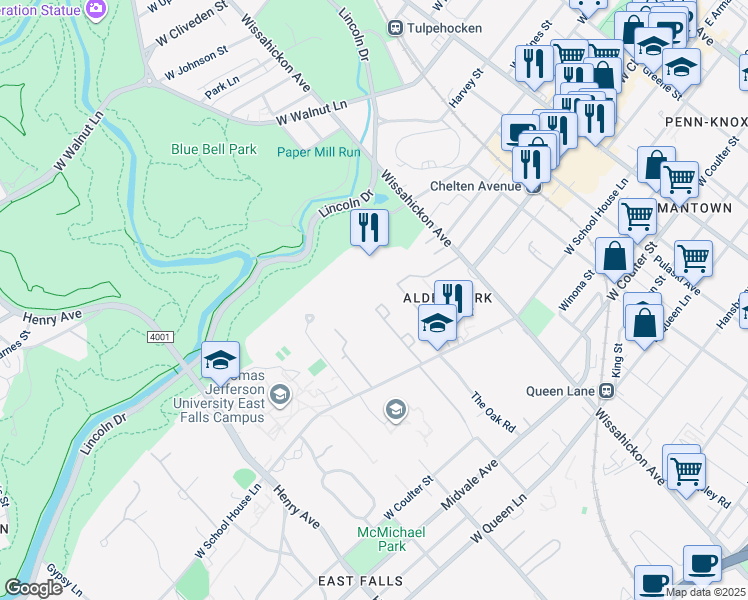 map of restaurants, bars, coffee shops, grocery stores, and more near 2991 West School House Lane in Philadelphia