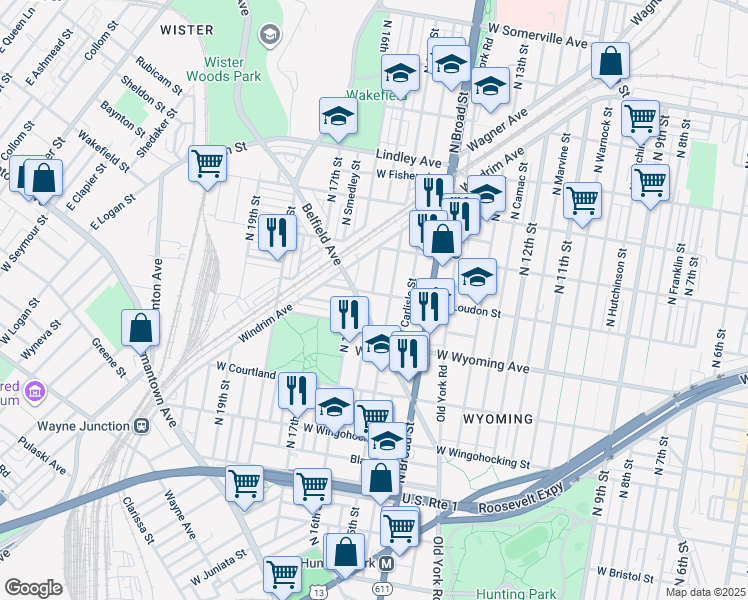 map of restaurants, bars, coffee shops, grocery stores, and more near 1518 West Loudon Street in Philadelphia