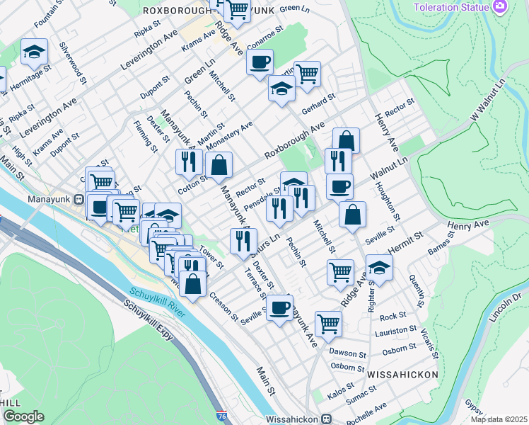 map of restaurants, bars, coffee shops, grocery stores, and more near 4130 Pechin Street in Philadelphia