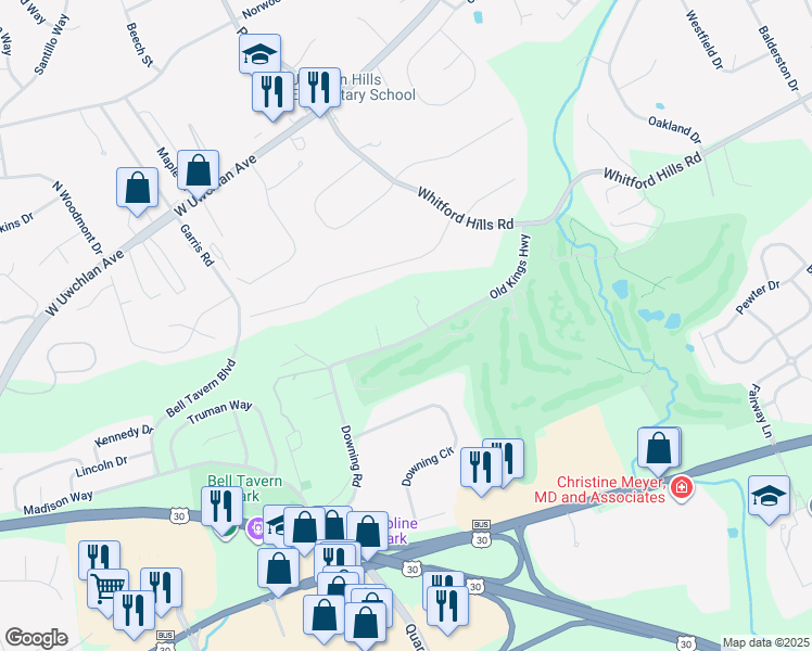 map of restaurants, bars, coffee shops, grocery stores, and more near 315 Old Kings Highway in Downingtown