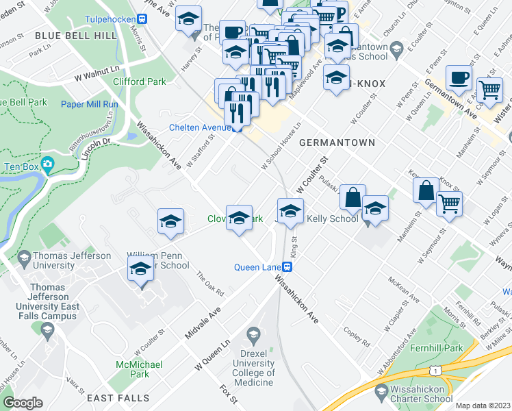 map of restaurants, bars, coffee shops, grocery stores, and more near 459 Winona Street in Philadelphia
